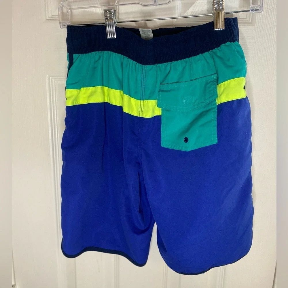 Osh Kosh B'gosh Boys Swim Trunks Neon Green Teal Blue Tie Elastic Waist SZ 10/12